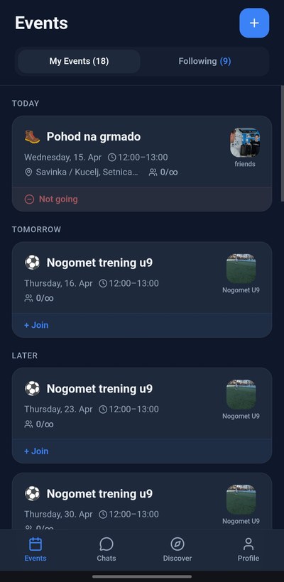 SubIn Events list — My Events and Following tabs